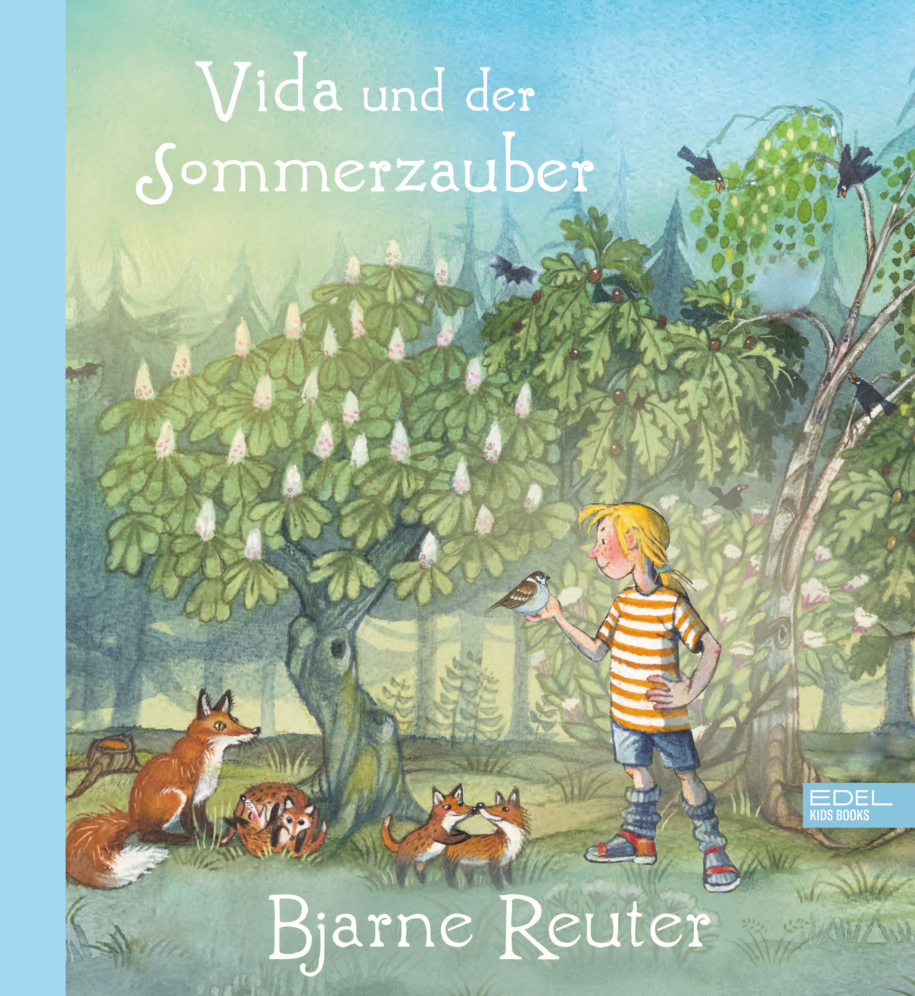 Buchcover mit Titel "Vida und der Sommerzauber" und Autor Bjarne Reuter. Illustration: Kind mit Vogel, Füchse unter Baum.