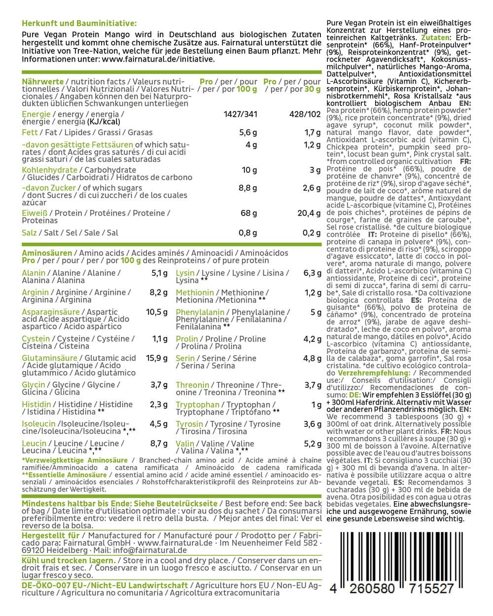 Rückseite der FAIRNATURAL Bio Vegan Protein Pulver Mango Verpackung mit Nährwertangaben.