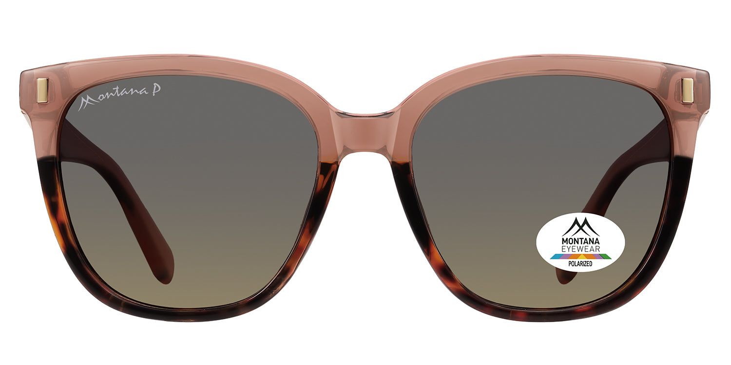 Sonnenbrille mit braunem Rahmen und Gläsern. Logo und Polarisations-Aufkleber. Bügel mit goldfarbenen Details.