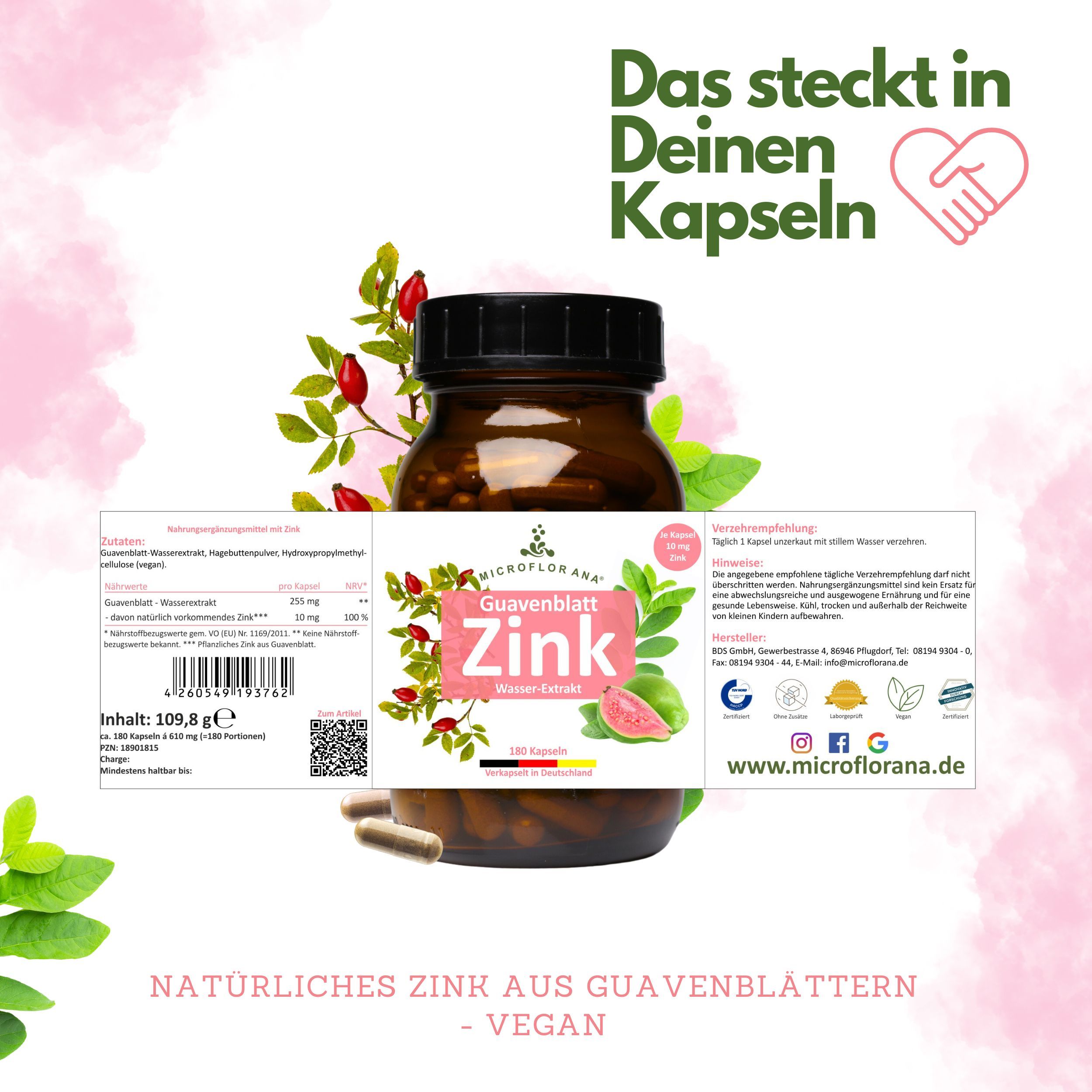 Braune Flasche mit Kapseln. Etikett mit "Zink" und Inhaltsangaben. Natürliches Zink aus Guavenblättern.