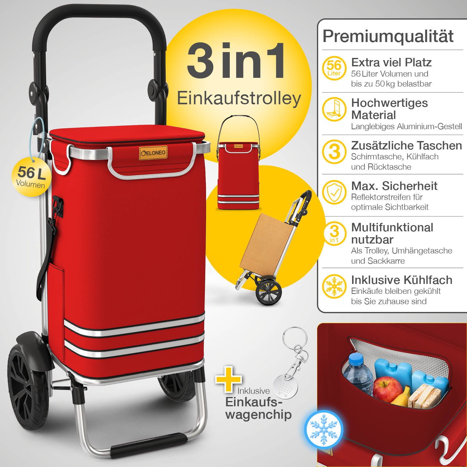 Einkaufstrolley mit roter Tasche, 56L Volumen, 3in1 Funktion. Zusätzliche Taschen, Kühltasche, Reflektoren.