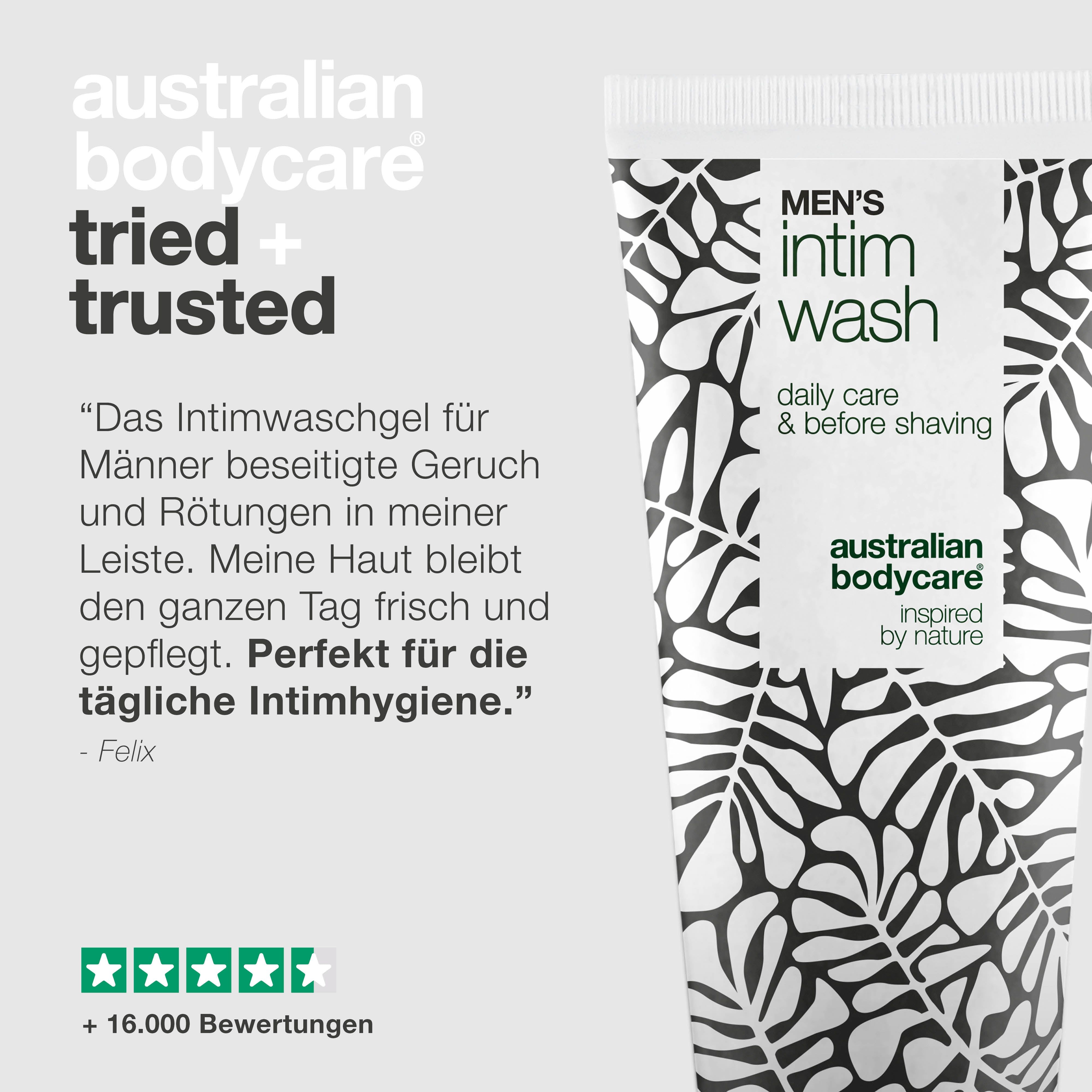Testimonial. Zitat: Intimwaschgel für Männer beseitigte Geruch. Perfekt für tägliche Intimhygiene.