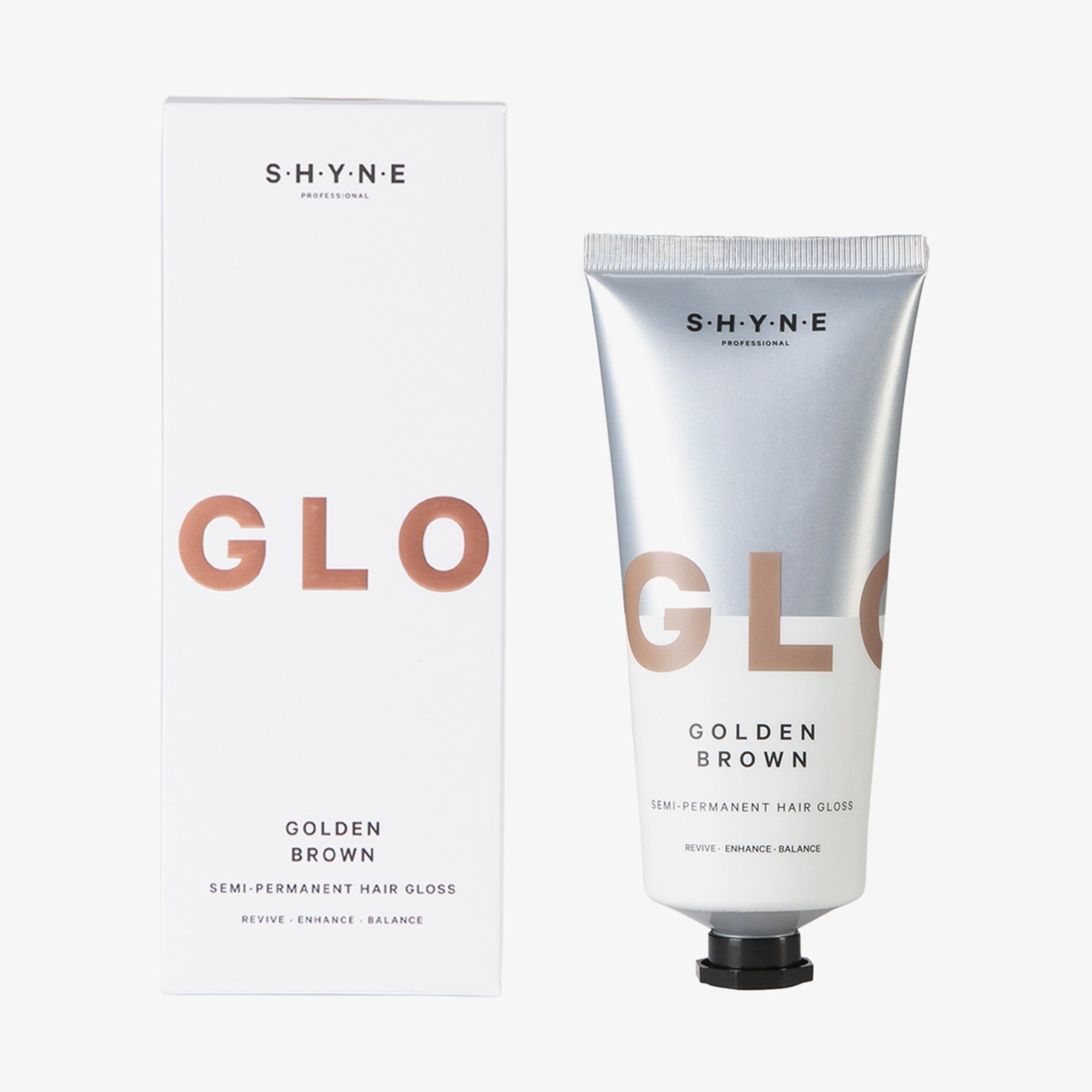 Produktverpackung und Tube. Verpackung weiß mit Aufschrift GLOSS, GOLDEN BROWN, Semi-Permanent Hair Gloss. Tube silberfarben.