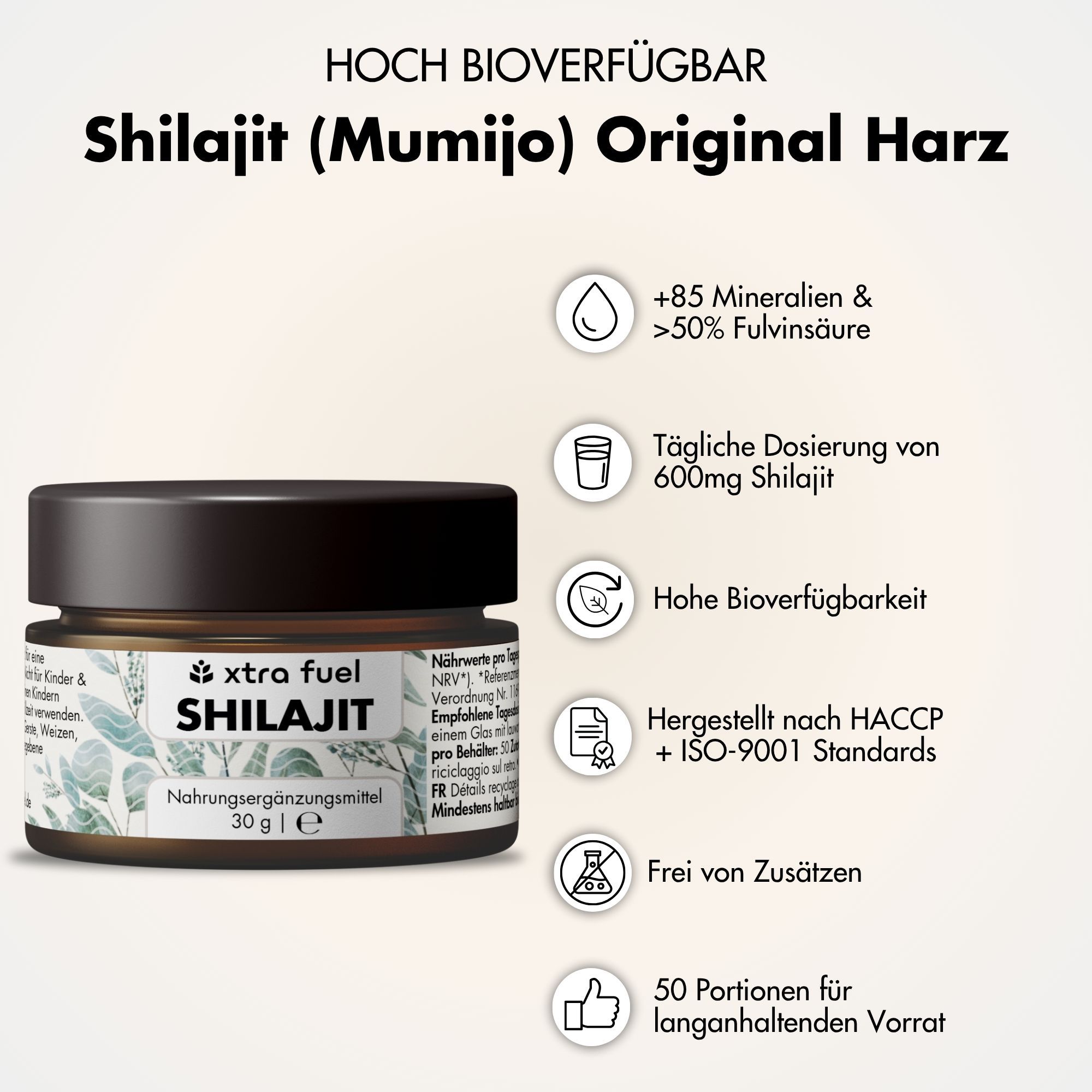 Braune Dose mit XTRA FUEL Shilajit. Text: Original Himalaya Harz, 30g. Aufschrift: +85 Mineralien, >50% Fulvinsäure.