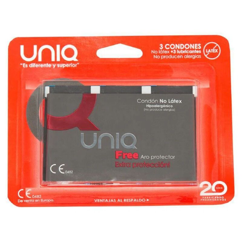 Verpackung von Uniq Free Kondomen. Rote Verpackung mit Produktinformationen und CE-Kennzeichnung.