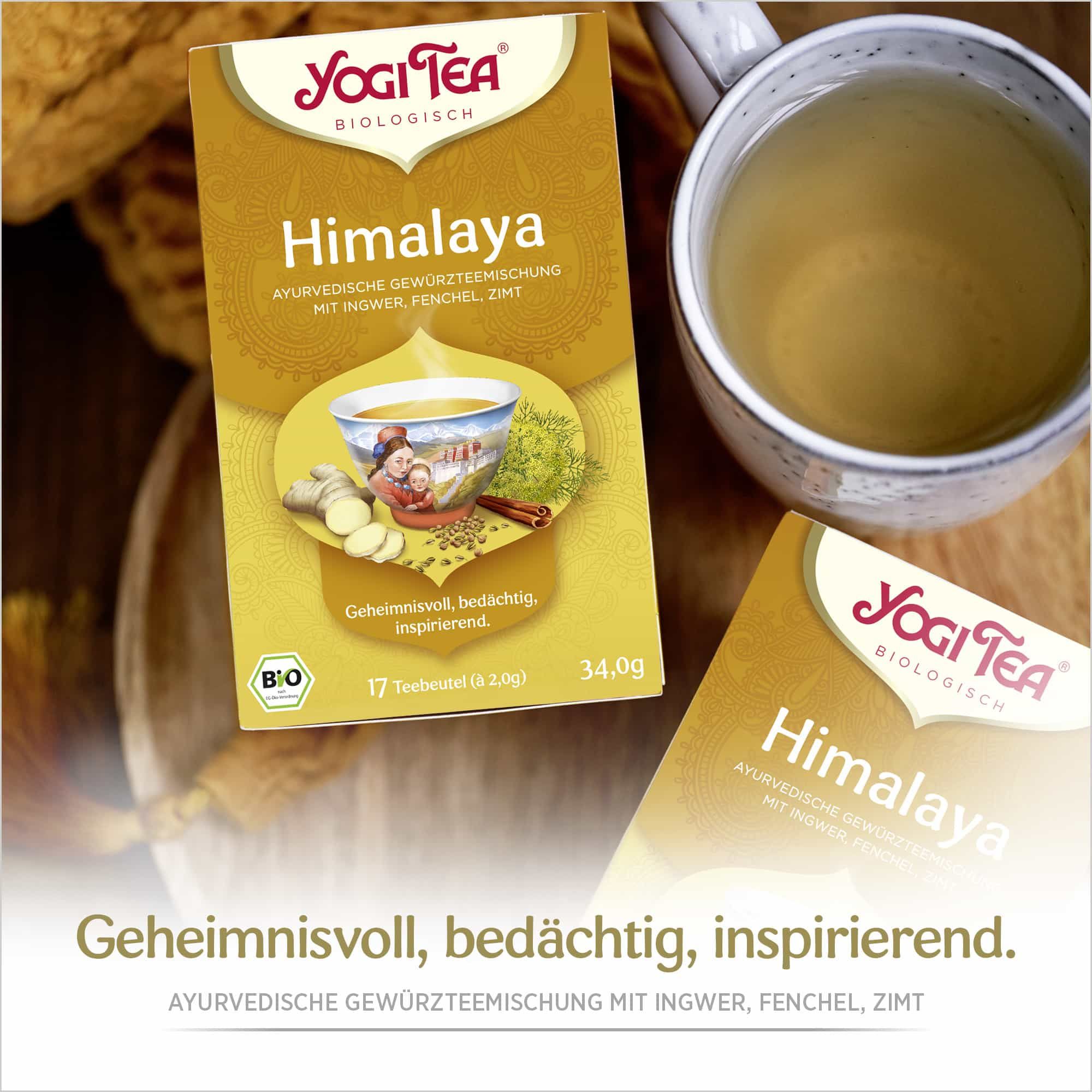 Yogi Tea Himalaya-Packung neben einer Tasse Tee. Aufdruck: Himalaya, ayurvedische Gewürzmischung mit Ingwer, Fenchel, Zimt. Bio-Siegel.