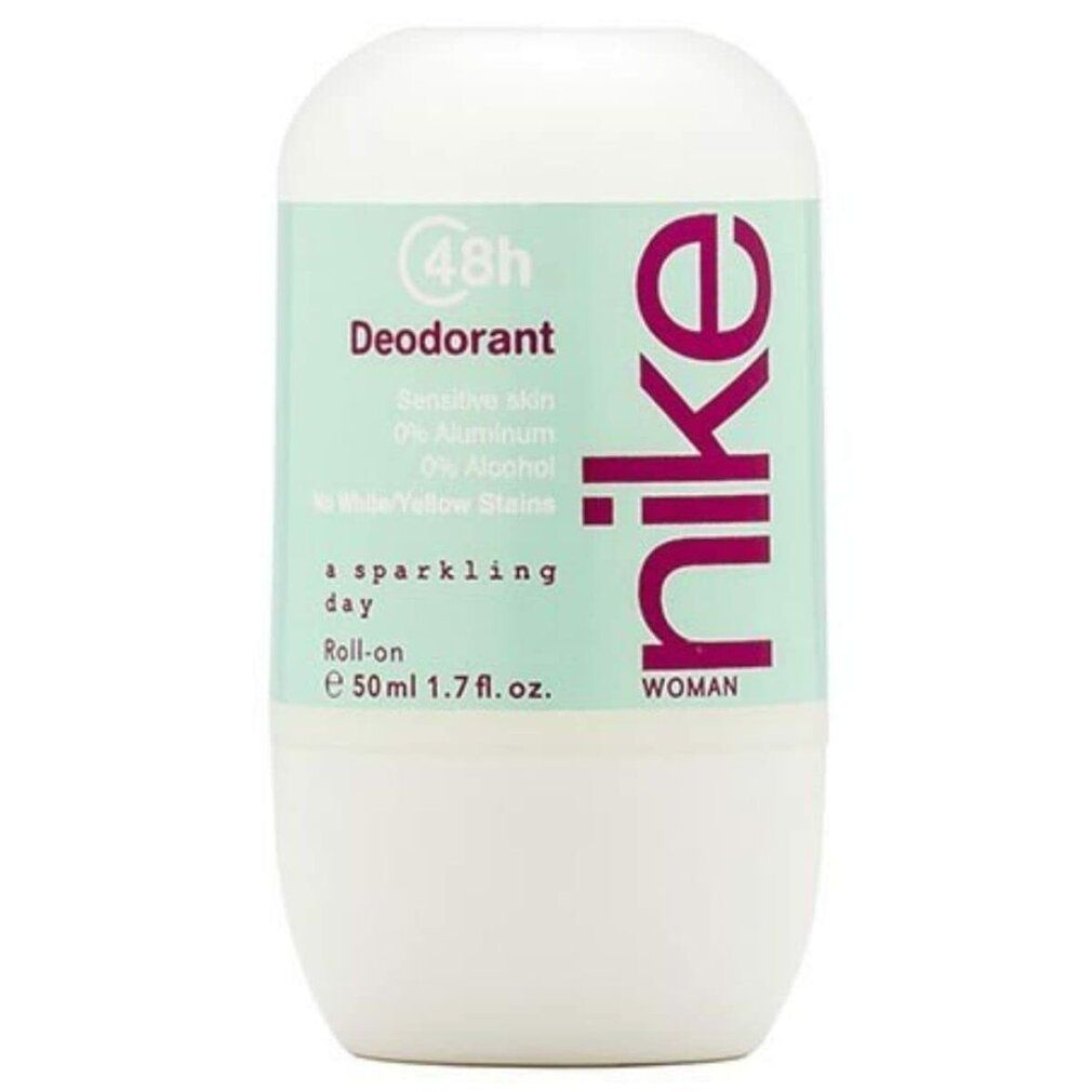 Roll-on-Deodorant. Weißes Gehäuse, türkisfarbenes Etikett mit pinkfarbenem Nike-Logo. "a sparkling day". 50ml.