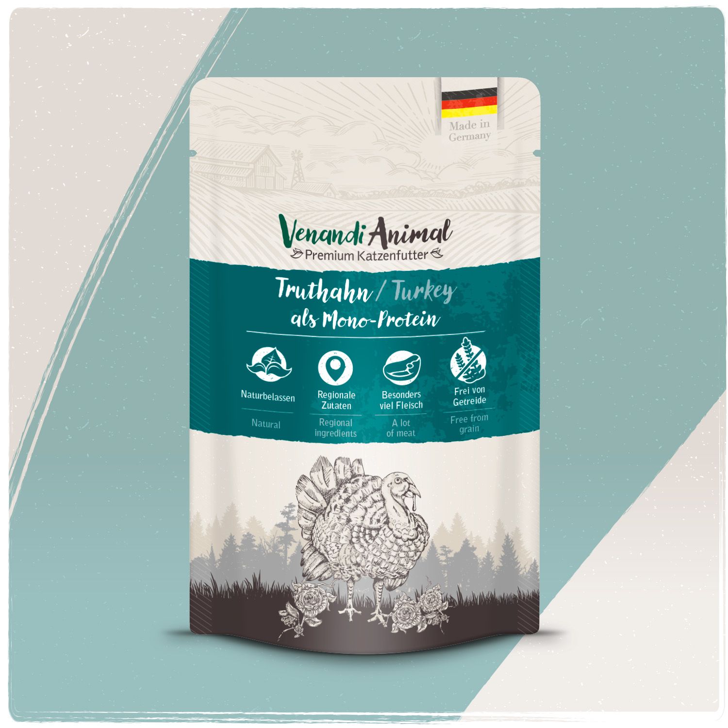 Venandi Animal Truthahn als Monoprotein Katzenfutter Verpackung mit Icons für natürliche Zutaten und ohne Getreide.