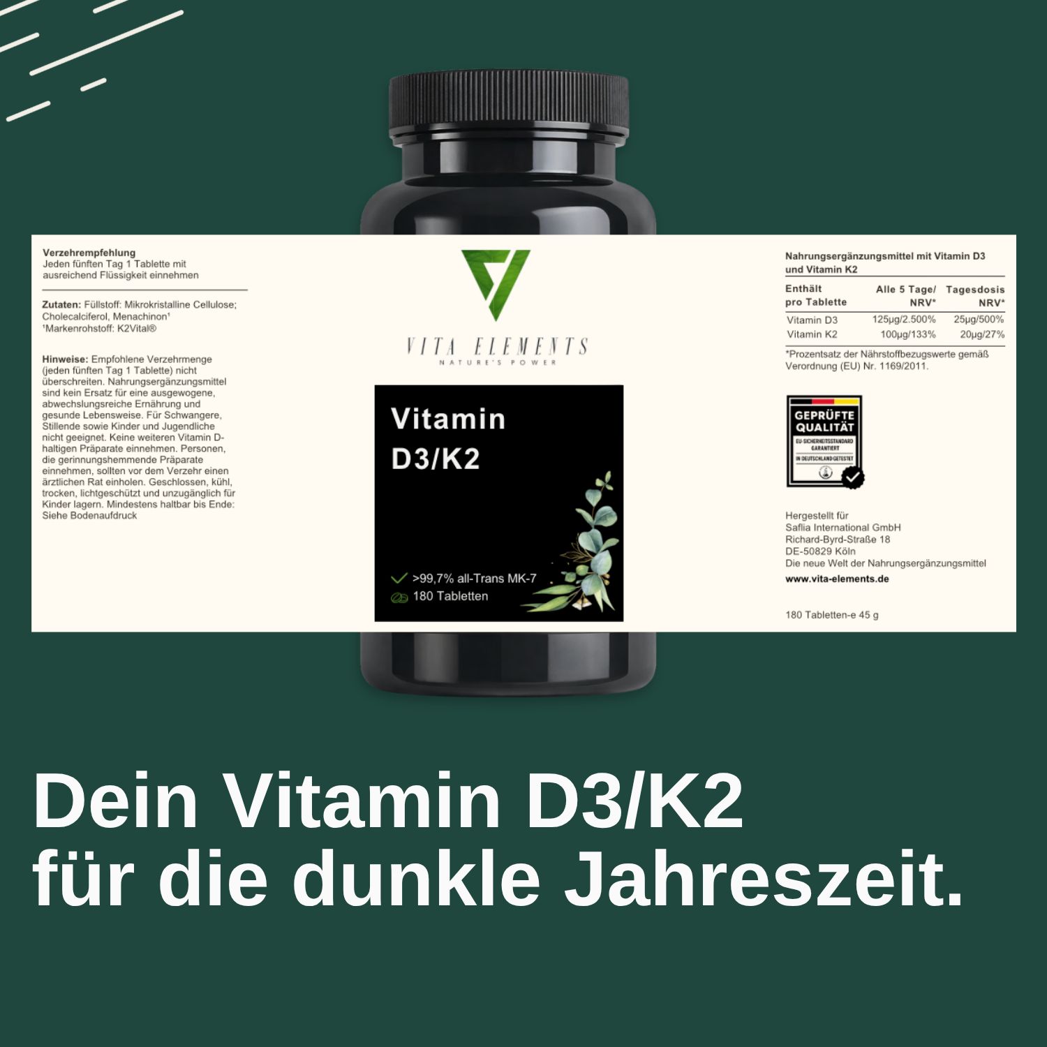 Etikett auf Flasche Vita Elements Vitamin D3/K2, enthält 180 Tabletten, mit Qualitätszertifikat und Dosierungsinformationen.