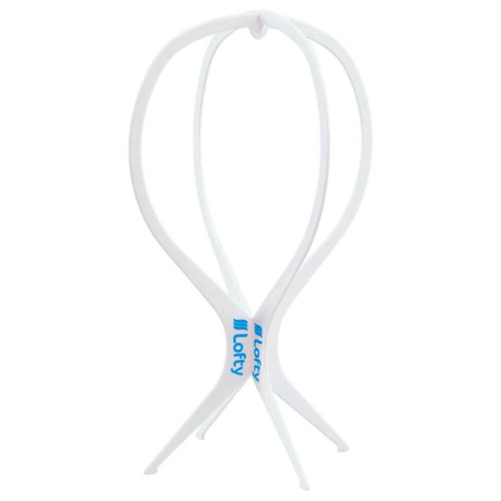 Weißer Perückenständer aus Kunststoff. Ovaler Kopf, vierbeiniger Standfuß. Logo 'Lofty'.