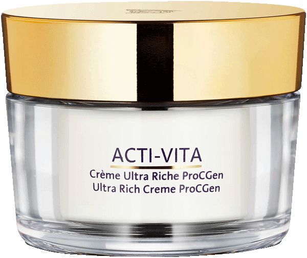 Creme-Tiegel mit goldenem Deckel. Aufschrift ACTI-VITA, Crème Ultra Riche ProCGen. Transparenter Tiegel.