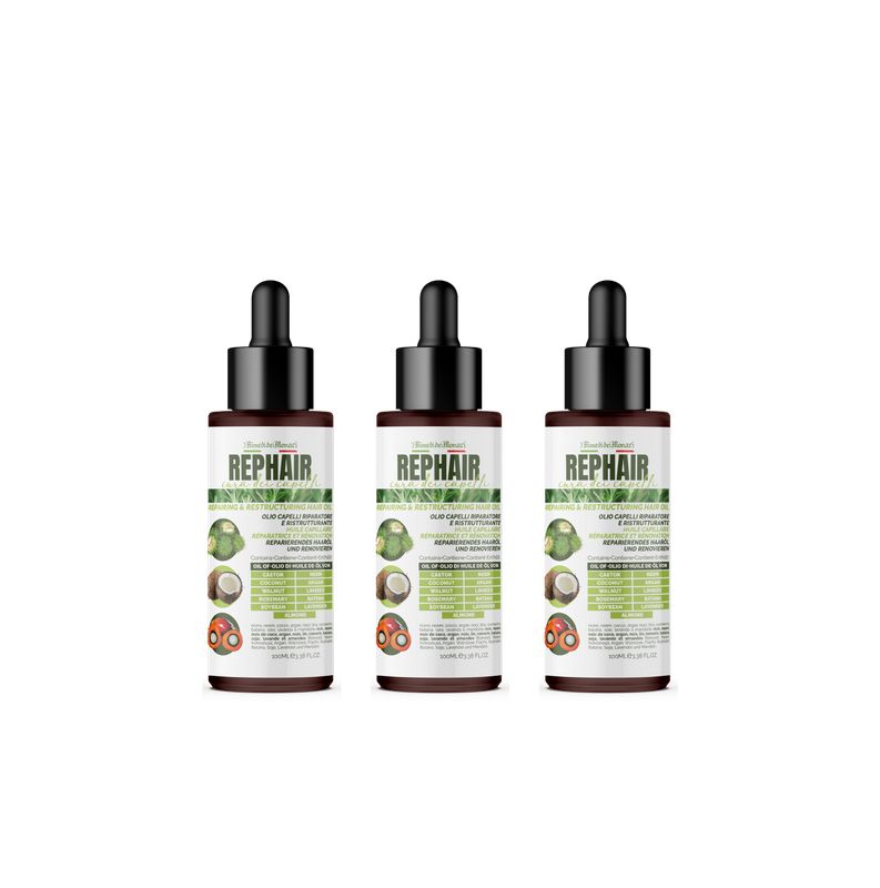 Drei braune Flaschen mit schwarzen Pipetten. Auf den Etiketten steht "REPHAIR". Darunter sind Abbildungen von Früchten.