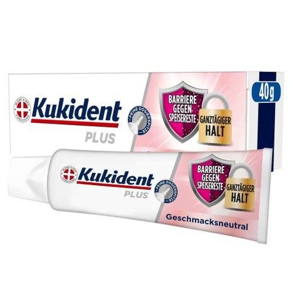 Kukident Plus Haftcreme Tube und Faltschachtel, 40g, geschmacksneutral.