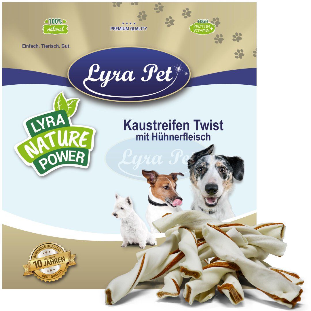 Verpackung mit Lyra Pet Kaustreifen Twist mit Hühnerfleisch. Produkt und Hunde abgebildet. Text: Lyra Nature Power, 100% natural, Premium Qualität.