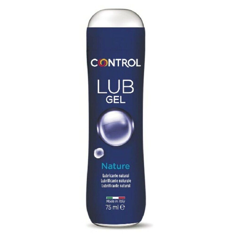 Blaue Flasche mit weißem Deckel. Aufschrift: CONTROL LUB GEL Nature. 75 ml. Hergestellt in Italien.