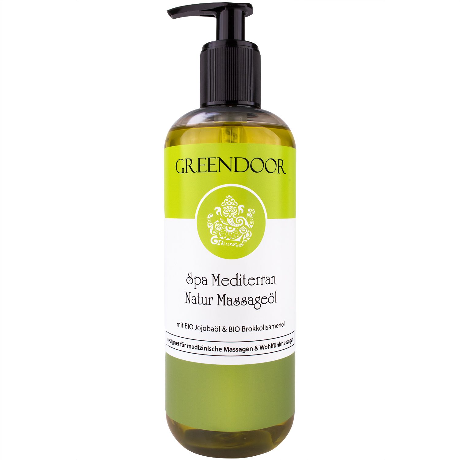 Grüne und transparente Flasche mit schwarzem Pumpkopf. Aufschrift: GREENDOOR, Spa Mediterran Natur Massageöl. Mit Bio Jojobaöl & Bio Brokkolisamen.