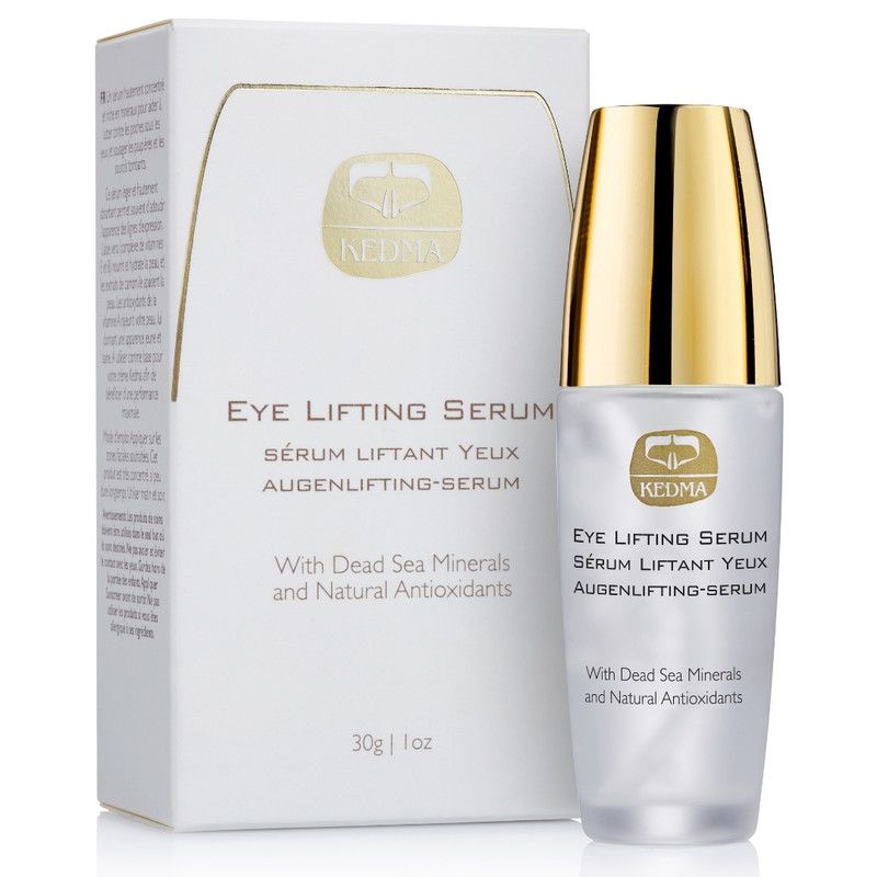 Serumflasche und Verpackung. Aufschrift: Eye Lifting Serum, Kedma. Mit Mineralien aus dem Toten Meer und Antioxidantien.
