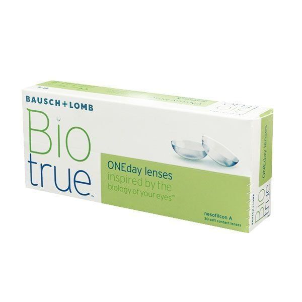 Verpackung von Biotrue ONEday Kontaktlinsen. Aufschrift: BAUSCH + LOMB, Bio true, ONEday lenses, nesofilcon A. Abgebildet sind zwei Kontaktlinsen.