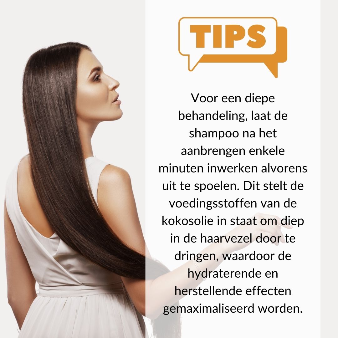 Vrouw met lang bruin haar. Tekst: Tips voor diepe behandeling met kokosolie.