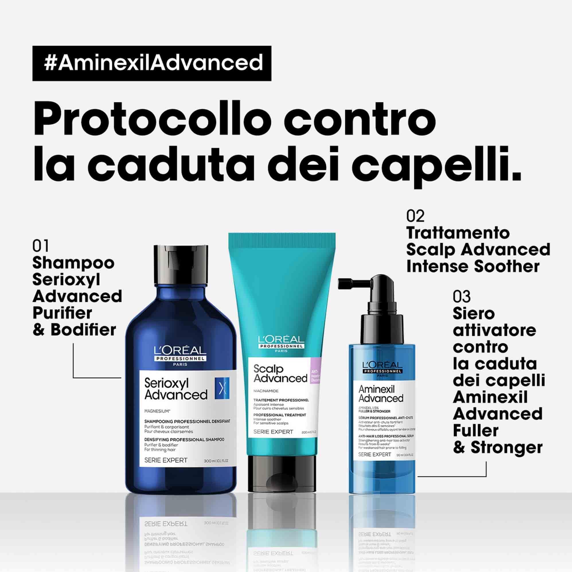 Drei Produkte: Shampoo, Scalp Advanced und Aminexil Advanced. Alle in blauen Flaschen mit weißen Etiketten.