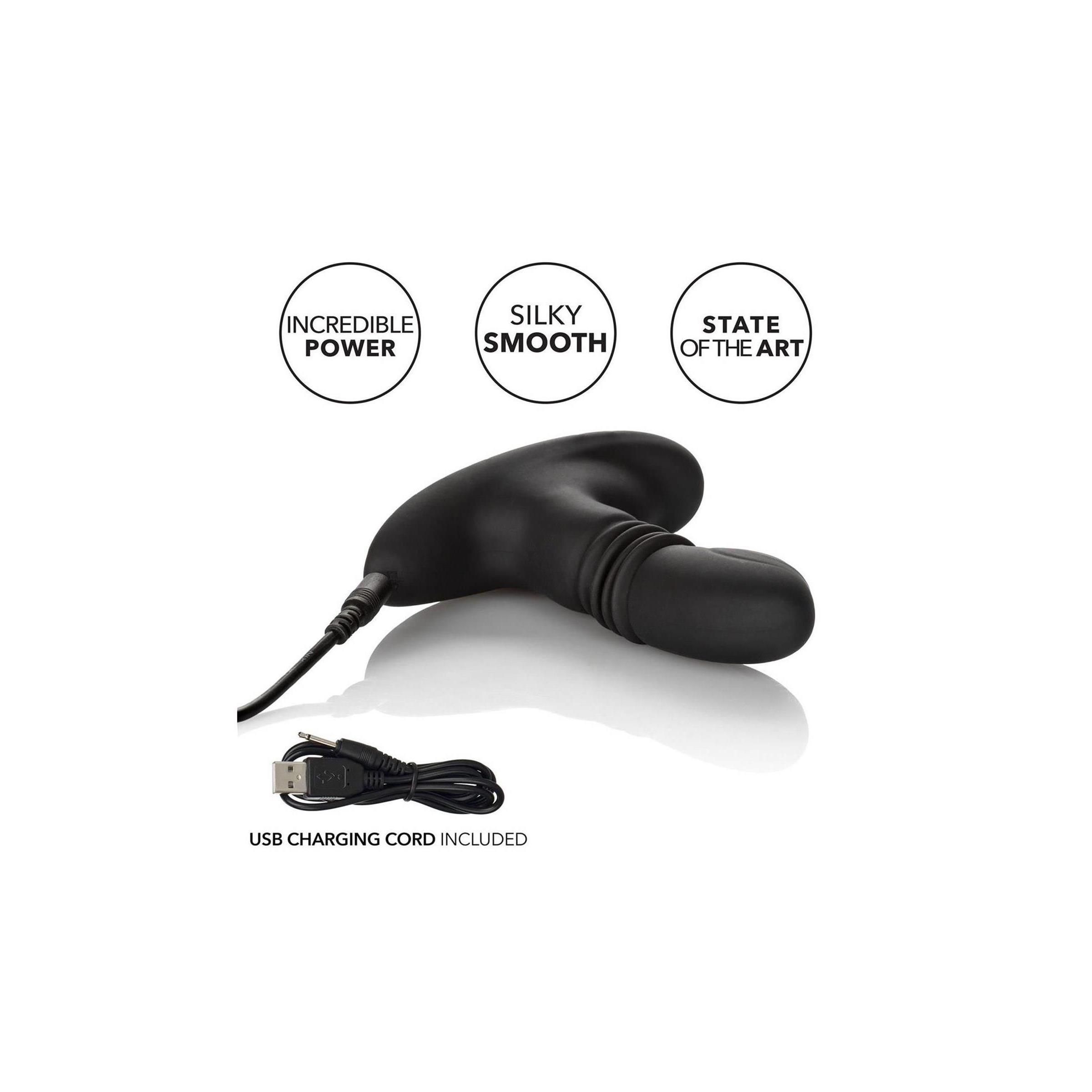 Schwarzes Wellness-Produkt mit USB-Kabel. Produkt mit drei Symbolen: Incredible Power, Silky Smooth, State of the Art.