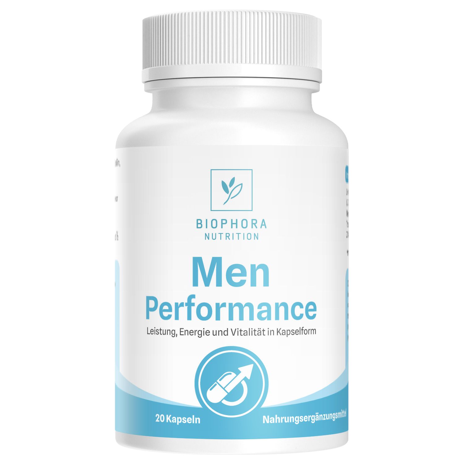 Weiße Flasche mit blauen und weißen Kapseln. Aufschrift: Men Performance. 20 Kapseln. Nahrungsergänzungsmittel.