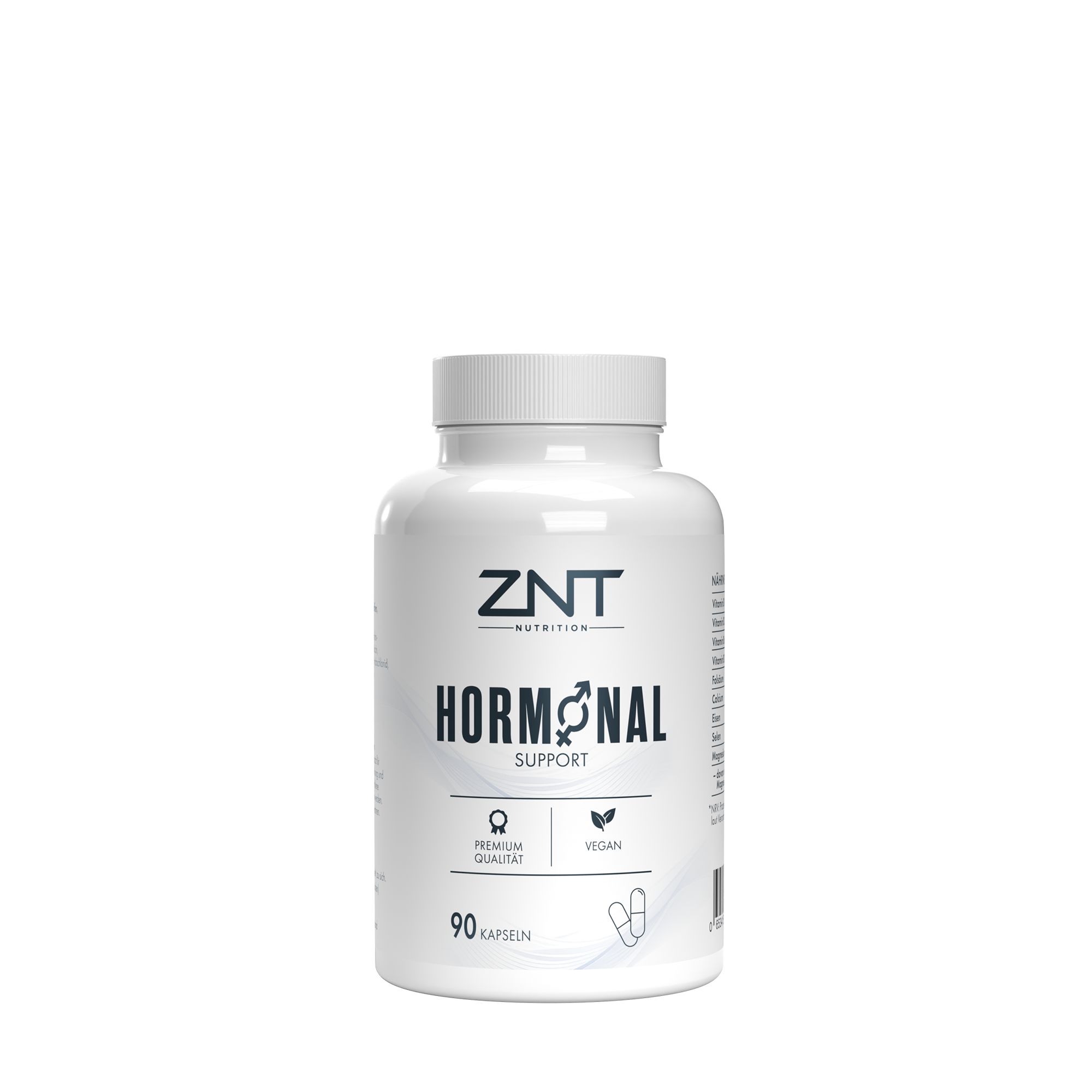 Weiße Flasche ZNT Nutrition Hormonal Support mit 90 Kapseln. Enthält Premium-Qualität und ist vegan.