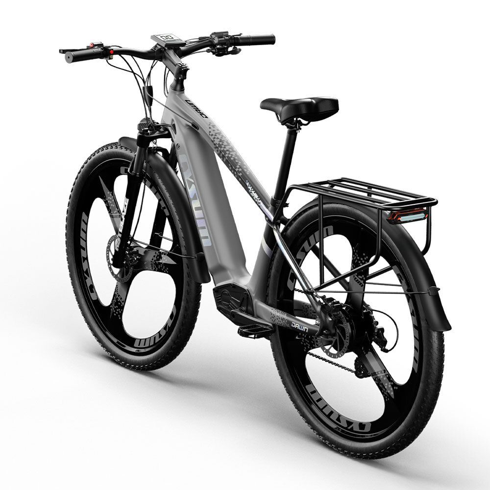 Graues Elektrofahrrad mit schwarzen Rädern. Gepäckträger und CYSUM-Logo sichtbar.