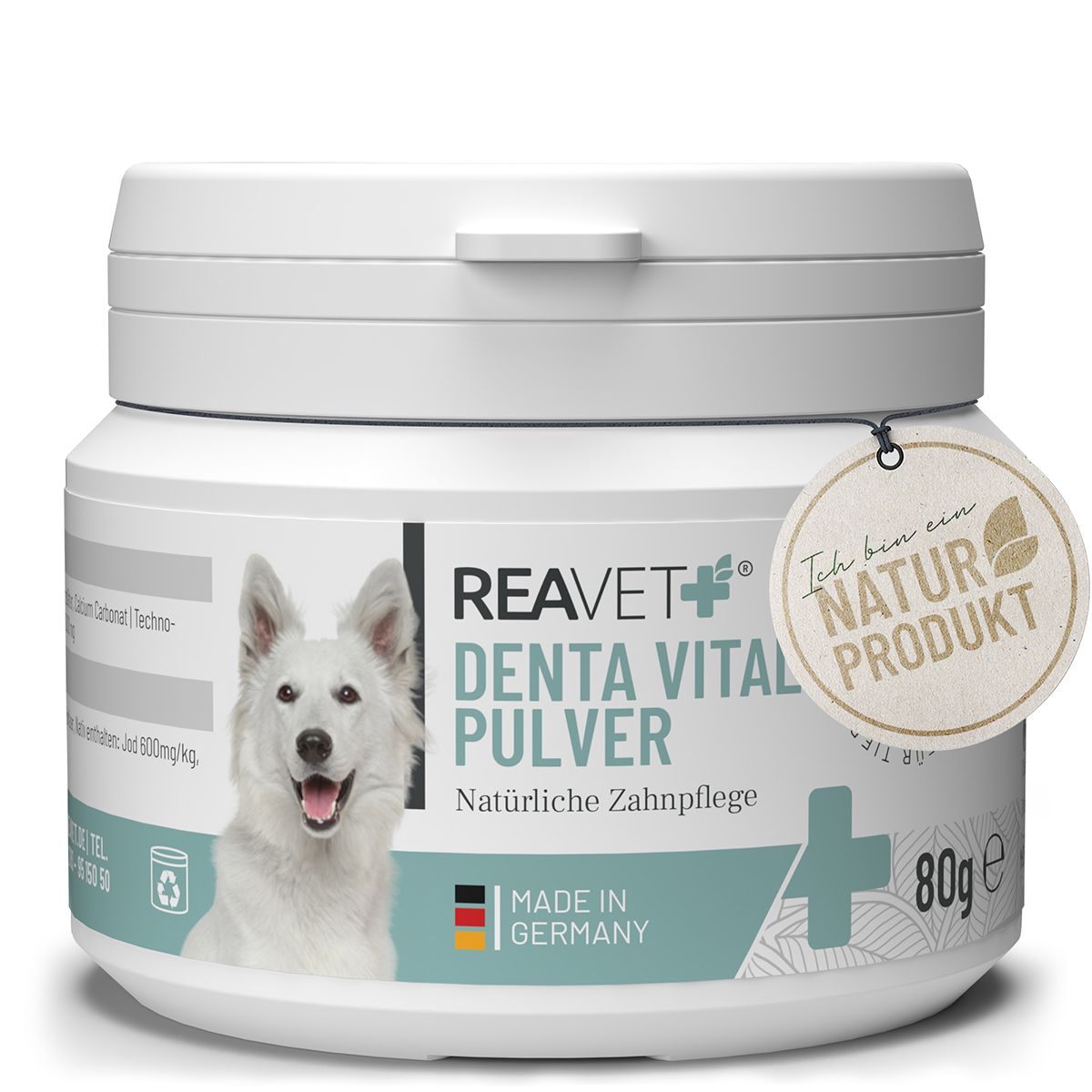 Weiße Dose mit Deckel, Produktname Denta Vital Pulver, Logo ReaVET, Naturprodukt-Siegel, 80g, Hundefoto, Made in Germany.