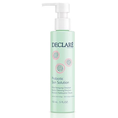 Grüne Flasche mit weißem Pumpkopf. Aufschrift DECLARÉ und "Probiotic Skin Solution". Text in Deutsch, Englisch und Französisch. 150 ml.