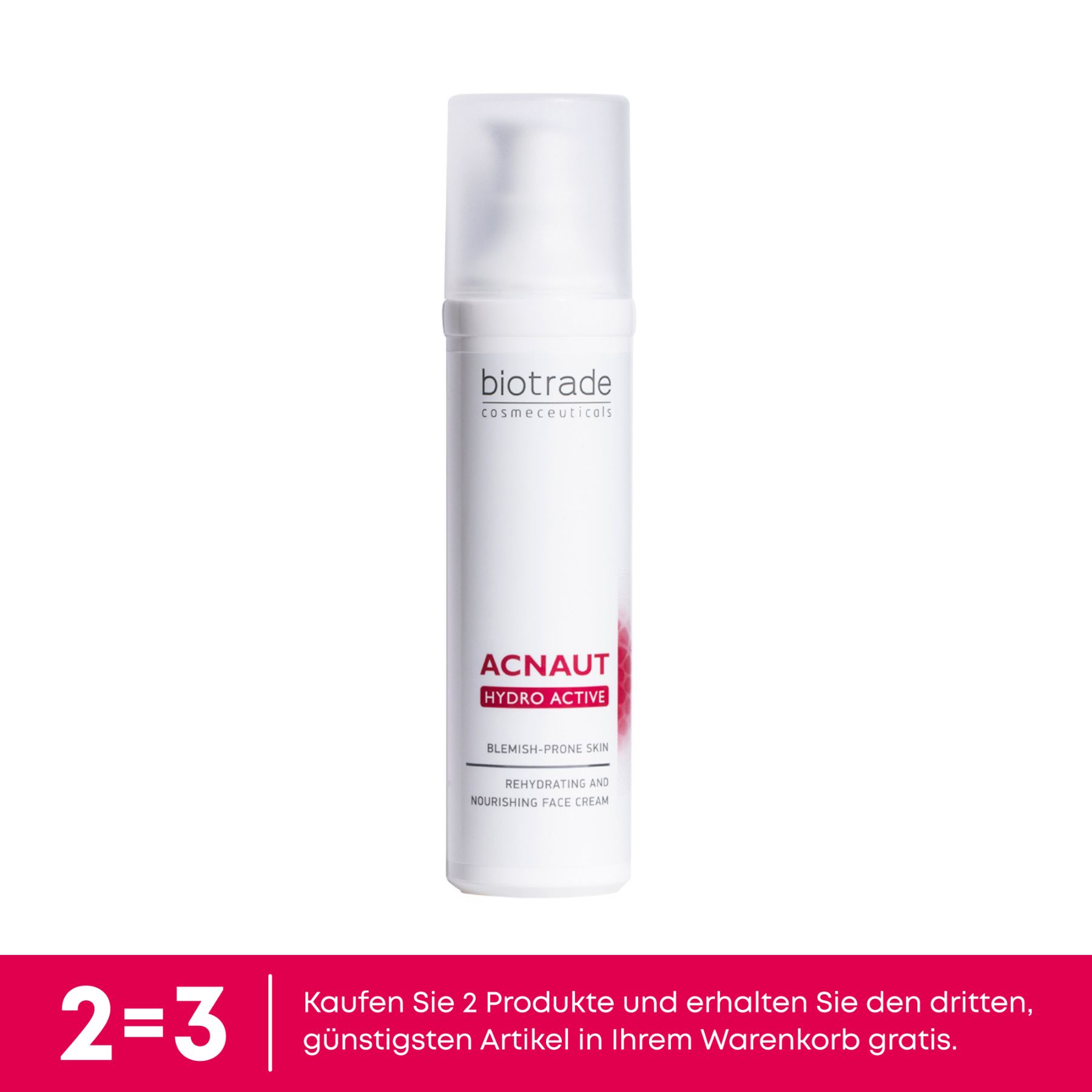 Weißer Spender mit roter Schrift. Text: Biotrade, Acnaut Hydro Active, Hydrating Cream. Für unreine Haut.