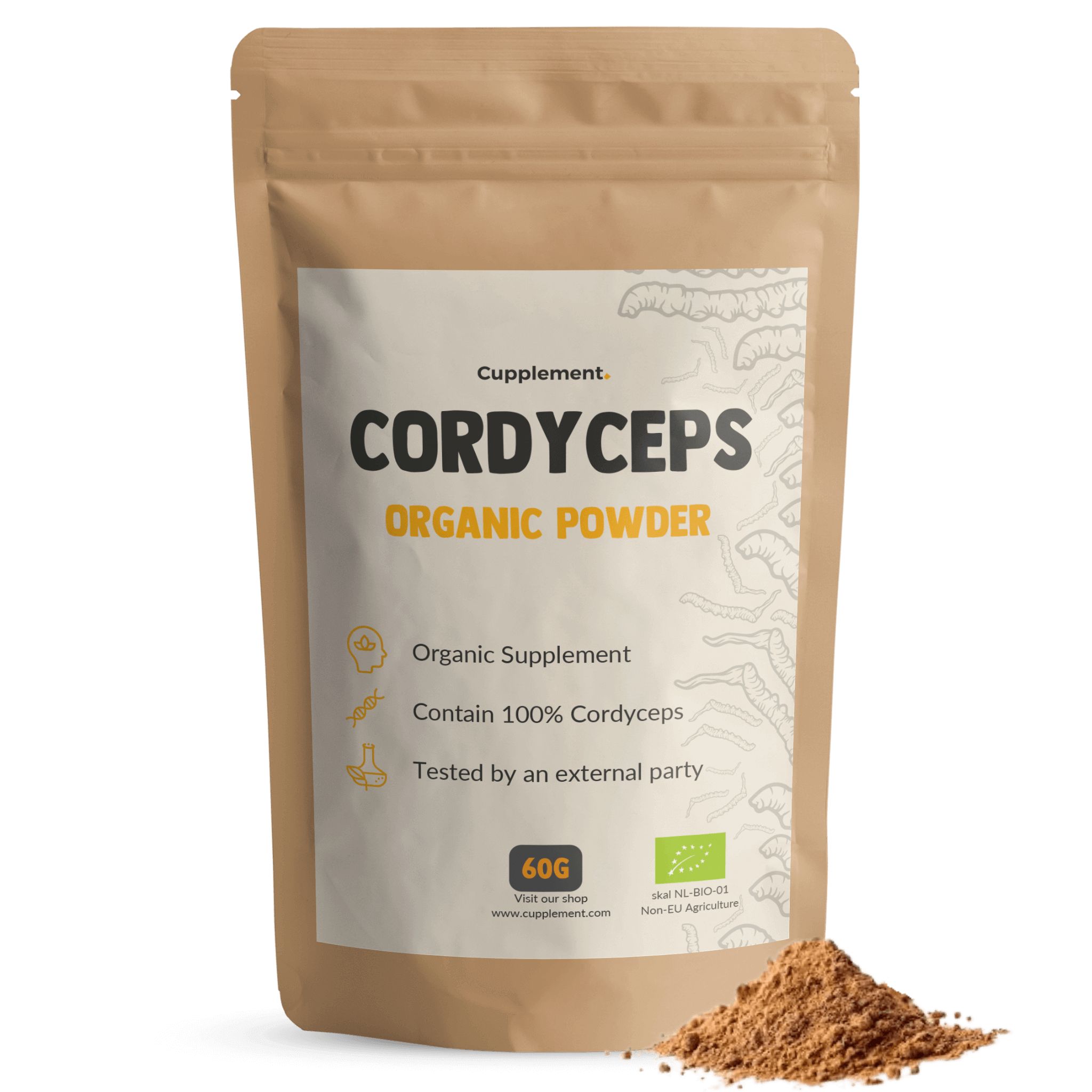 Beutel mit Cordyceps-Pulver. Text: "Cupplement Cordyceps Organic Powder". 60g. Bio-Siegel. Braunes Pulver auf dem Boden.