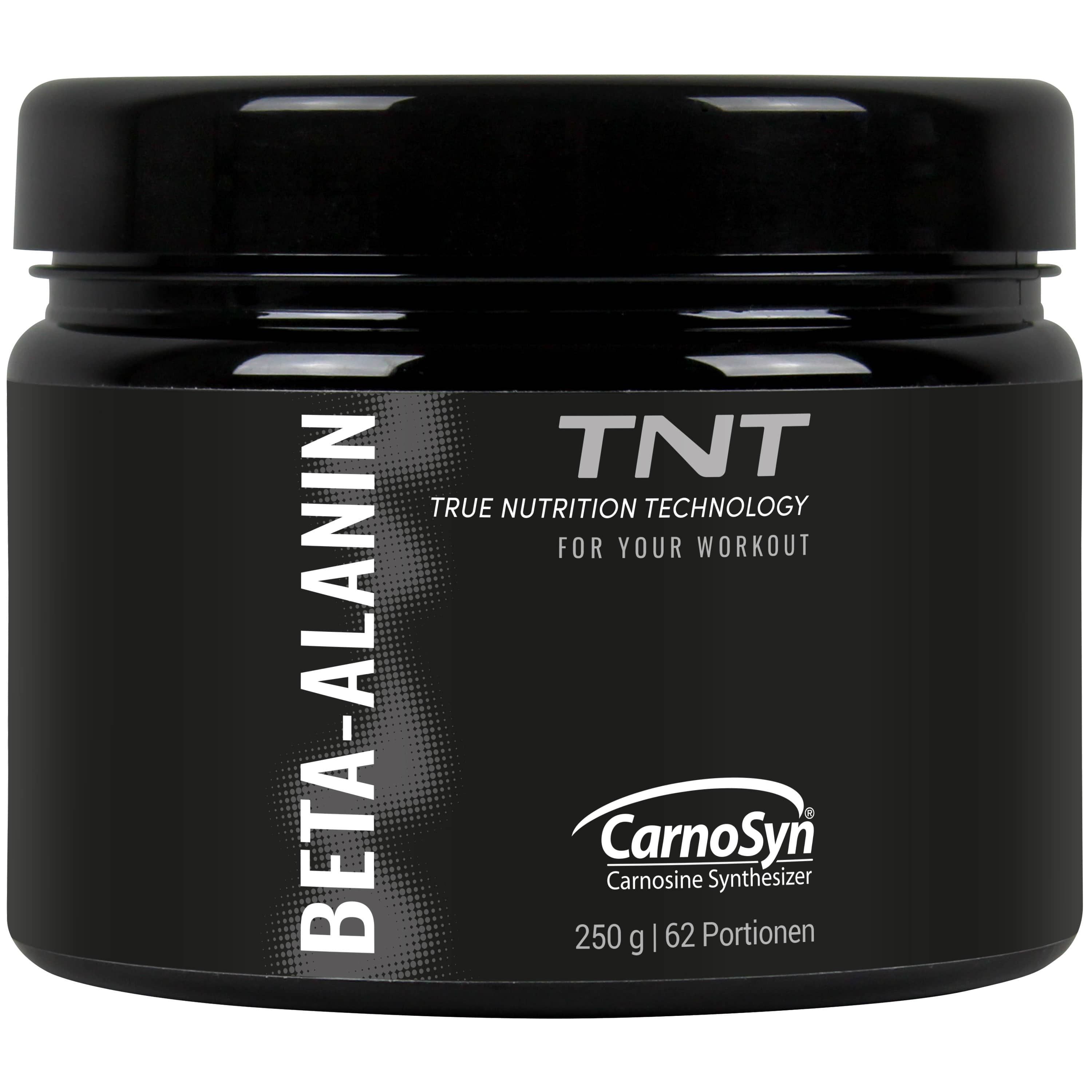 Schwarzes Dose mit "BETA-ALANIN" und "TNT" Logo. Enthält CarnoSyn®. 250g, 62 Portionen.