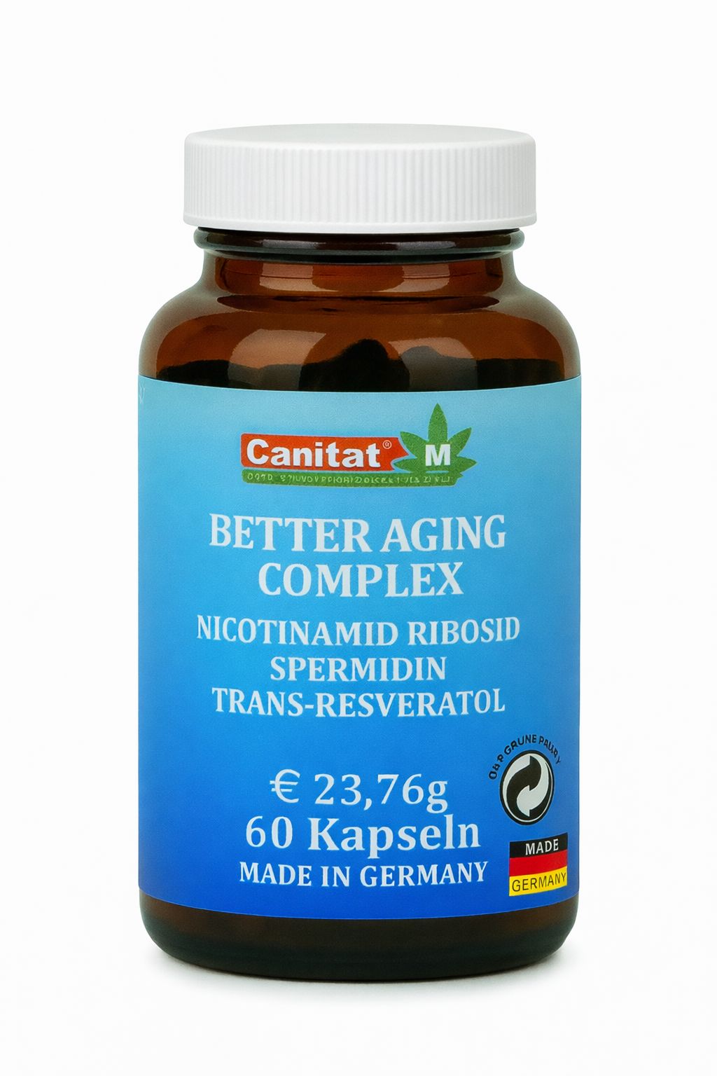 Braune Glasflasche mit weißem Deckel. Blaues Etikett mit Produktnamen, Inhaltsstoffen und Preis. 60 Kapseln, Made in Germany.