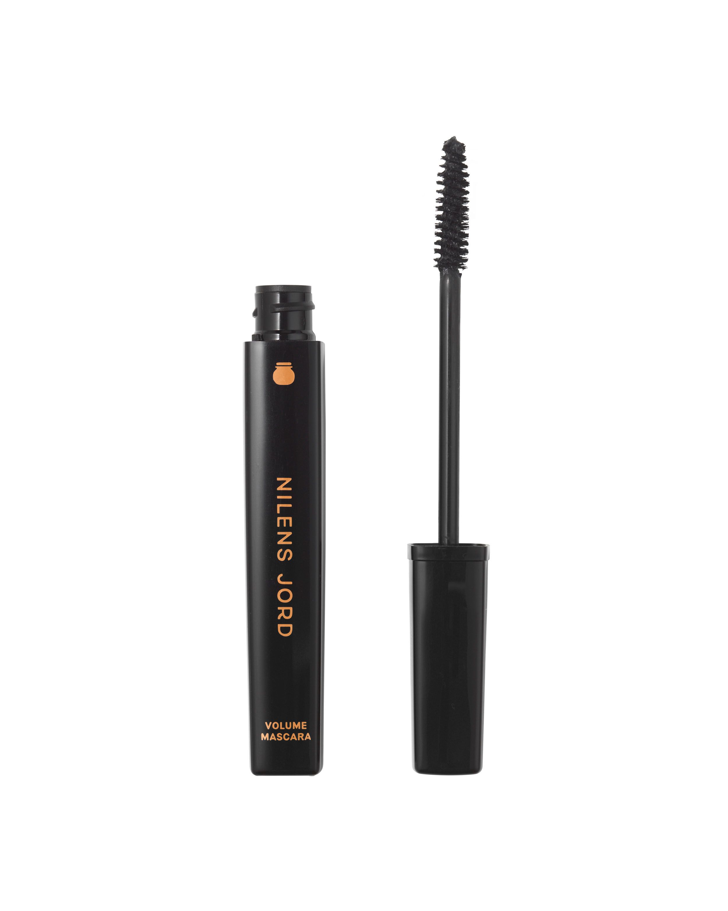 Nilens Jord Volume Mascara: schwarzer Behälter mit Applikator und Bürste daneben.