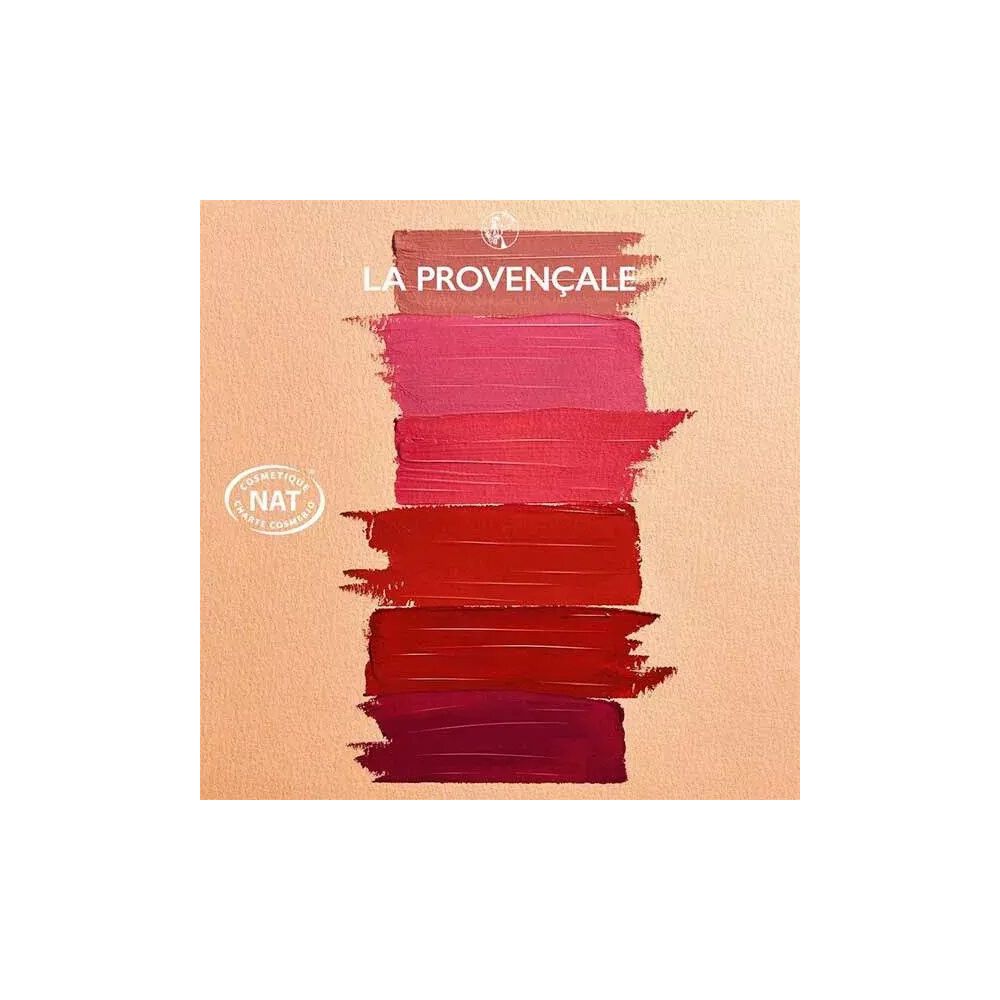 Farbpaletten von La Provençale Bio Lippenstiften. Verschiedene Farbtöne, NAT-Zertifizierung. Marke oben links.