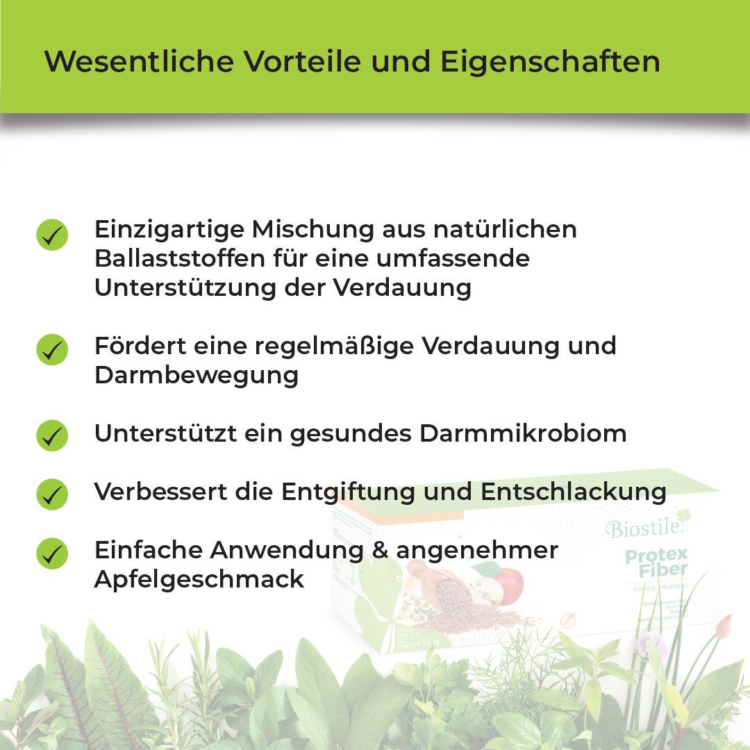 Vorteile von Protex Fiber. Text: "Wesentliche Vorteile und Eigenschaften". Illustrationen.
