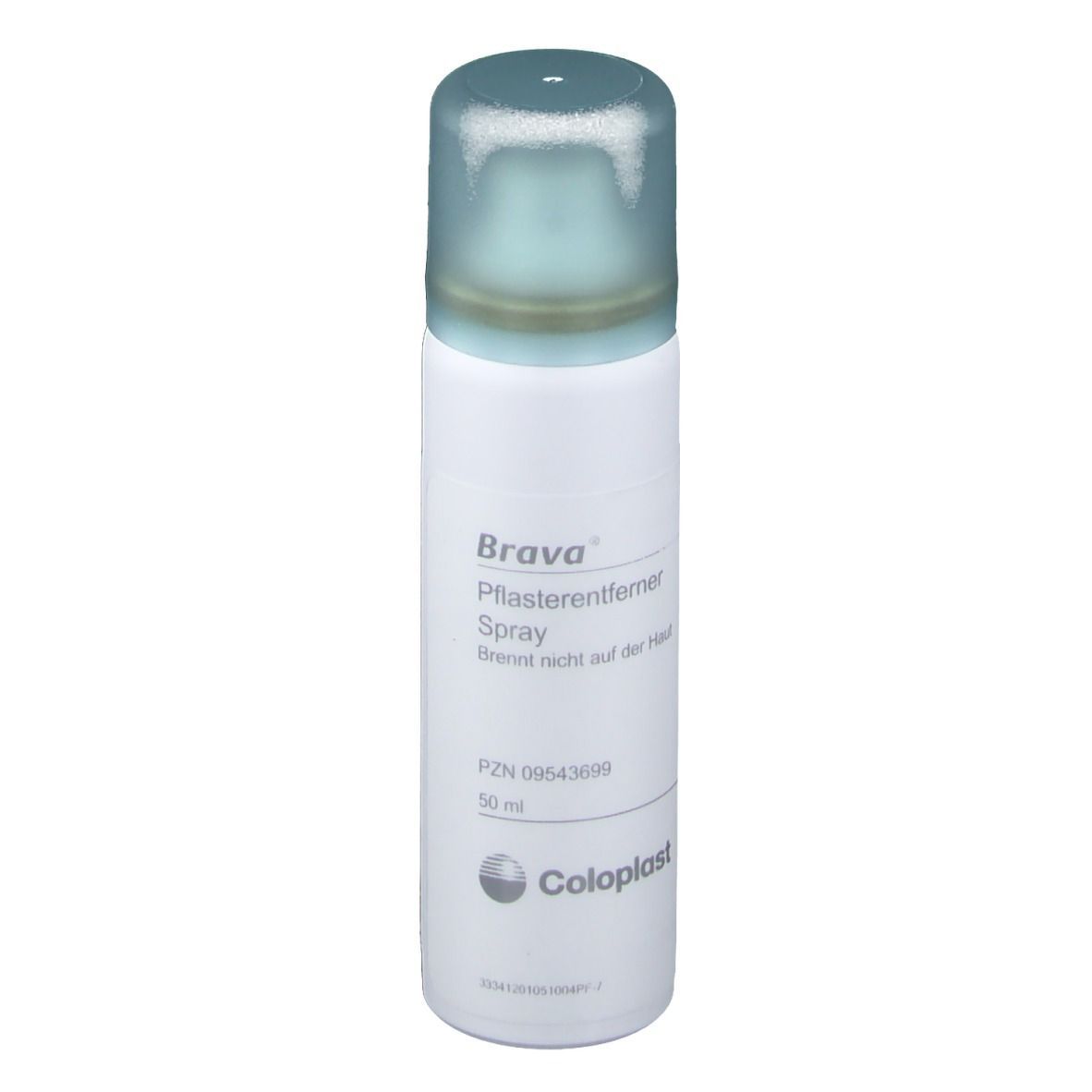 Brava Pflasterentferner Spray, weiße Flasche mit blauem Deckel. Coloplast Logo.