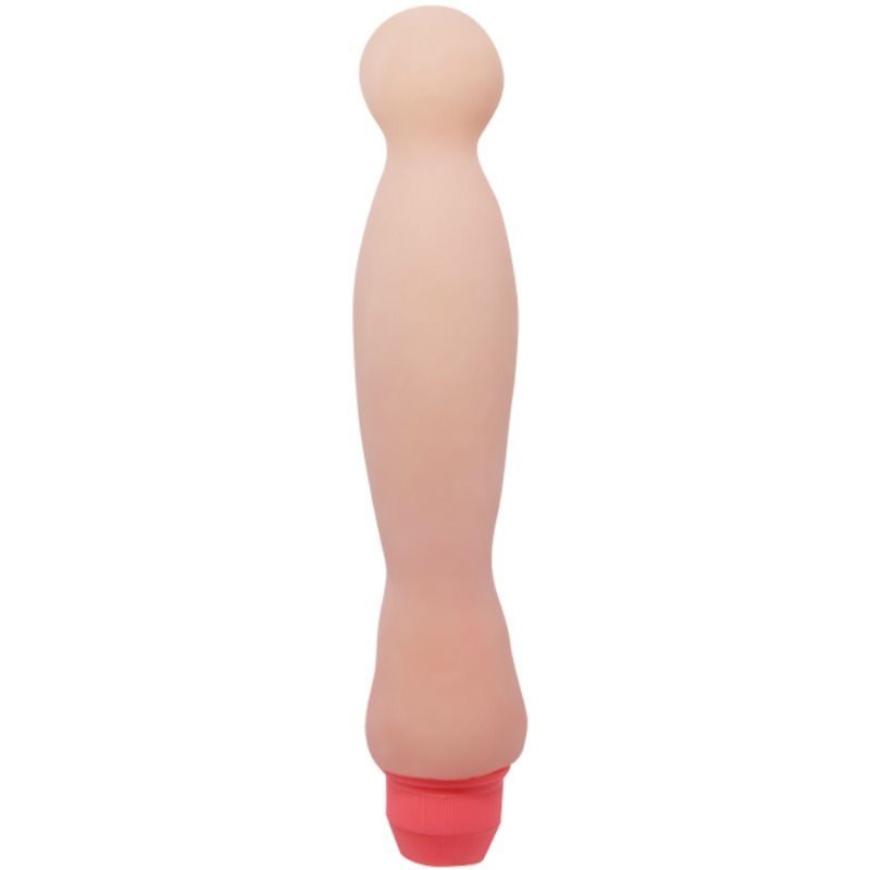 Beigefarbener Vibrator mit roter Spitze. Gerade Form.