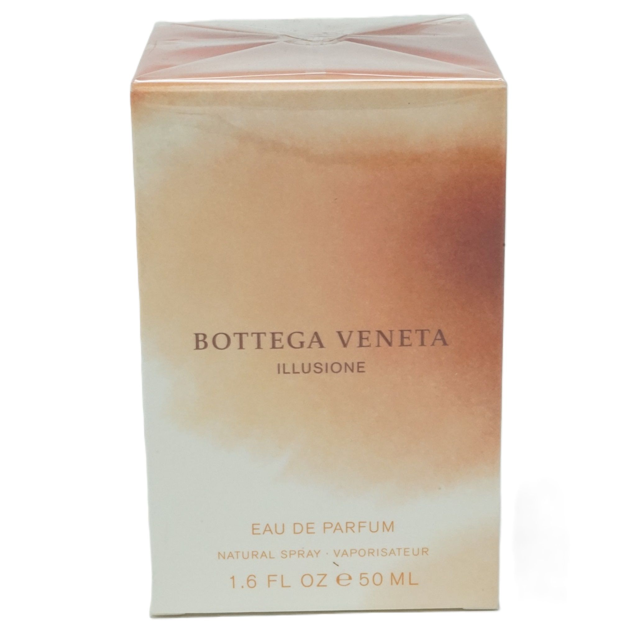 Bottega Veneta Illusione Eau de Parfum, Verpackung. Rechteckige Schachtel mit Farbverlauf.
