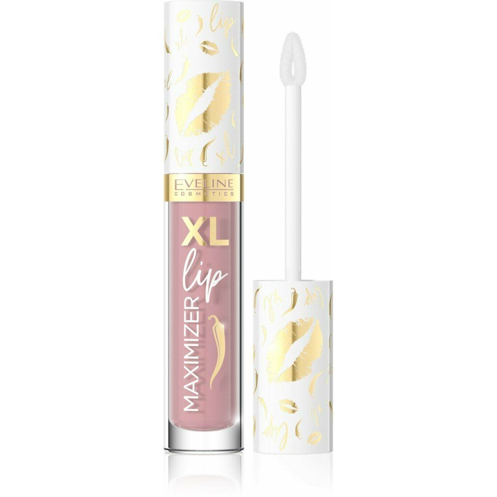 Lipgloss-Tube mit geöffnetem Applikator. Aufschrift: XL lip Maximizer. Weißer Deckel mit goldenen Details. Inhalt rosa.