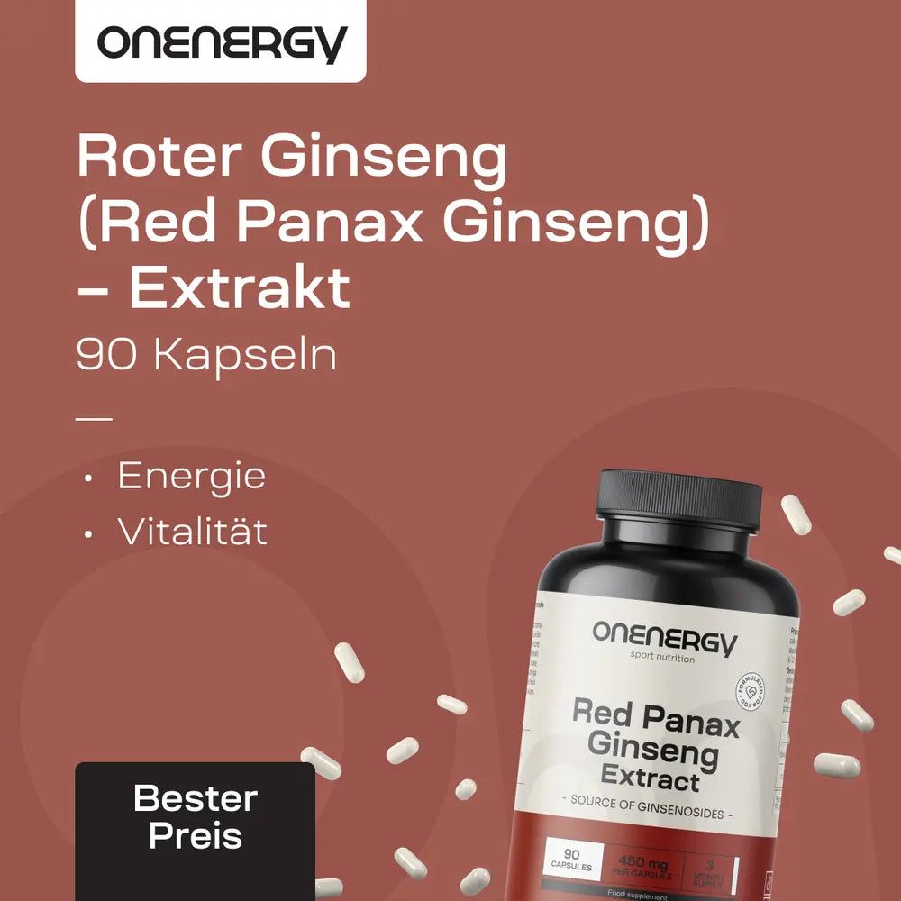 Roter Ginseng-Extrakt Flasche. Aufschrift: OnEnergy, Red Panax Ginseng Extract. 90 Kapseln. Energie, Vitalität. Daneben Kapseln.