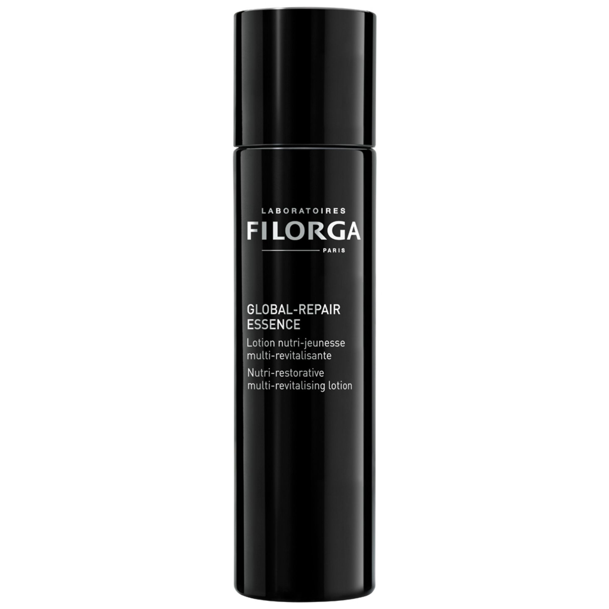 Schwarze Flasche FILORGA GLOBAL-REPAIR ESSENCE mit Beschriftung.