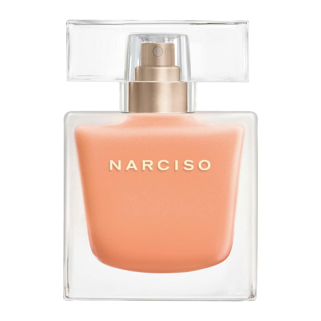 Quadratischer Flakon mit rosafarbenem Inhalt. Der Name "NARCISO" ist in goldener Schrift auf der Vorderseite zu sehen. Transparenter Verschluss.
