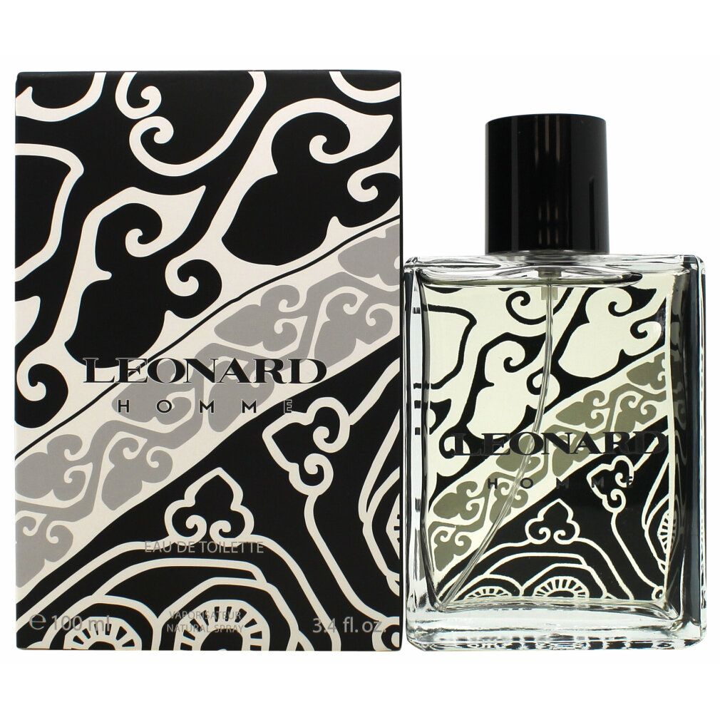 Flakon und Verpackung von Leonard Homme Eau de Toilette. Schwarzes und graues Muster. Schwarzer Verschluss. Aufschrift: Eau de Toilette.