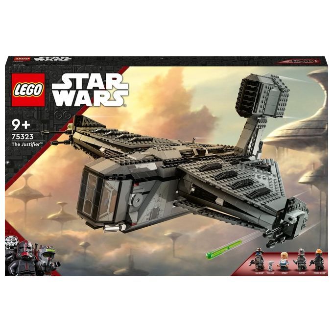 Set LEGO Star Wars The Justifier. La confezione mostra l'astronave in una prospettiva dinamica, con uno sfondo di nuvole e un paesaggio alieno. Il set include l'astronave, minifigure e accessori. Adatto a bambini dai 9 anni in su.
