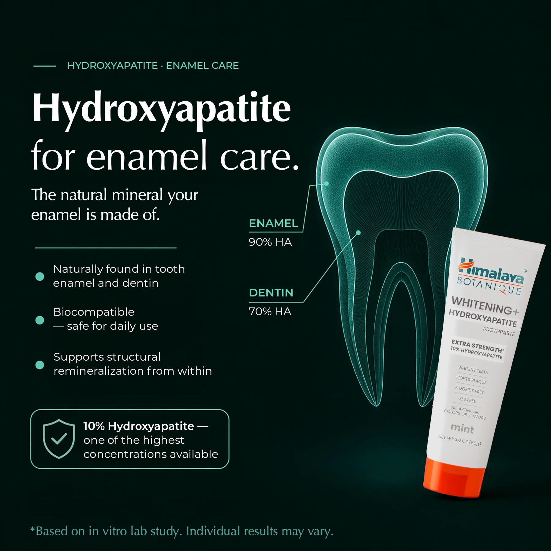 Grafik: Zahn mit Enamel und Dentin. Daneben Tube Himalaya Botanique Whitening + Hydroxylapatit. Text: Hydroxylapatit für Zahnschmelz.
