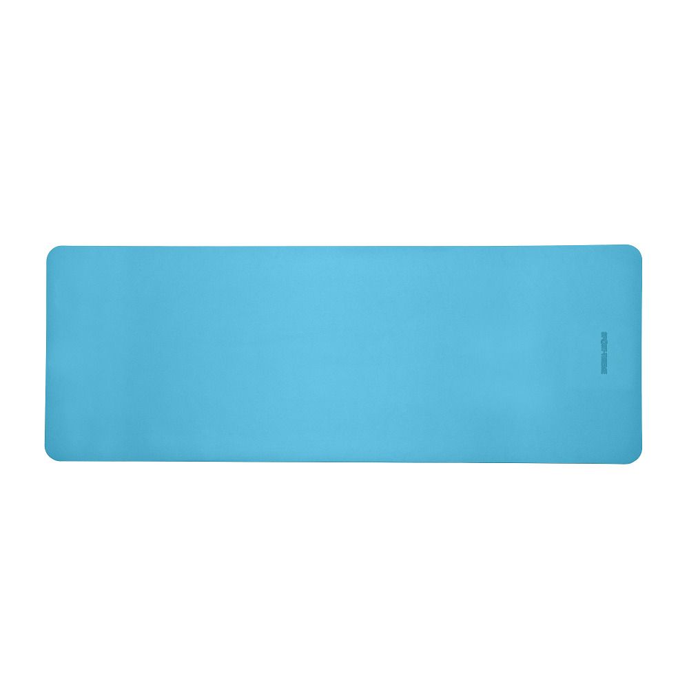 Hellblaue Yogamatte, rechteckig. Sport-Thieme Logo am Rand.