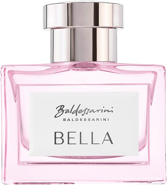 Rosa Glasflakon mit silbernem Verschluss. Auf weißem Etikett steht "Baldessarini BELLA".