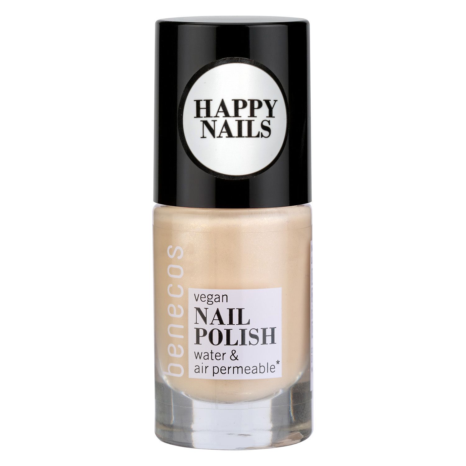Benecos Nagellack Flasche mit schwarzem Deckel und Etikett, vegan, wasser- und luftdurchlässig.